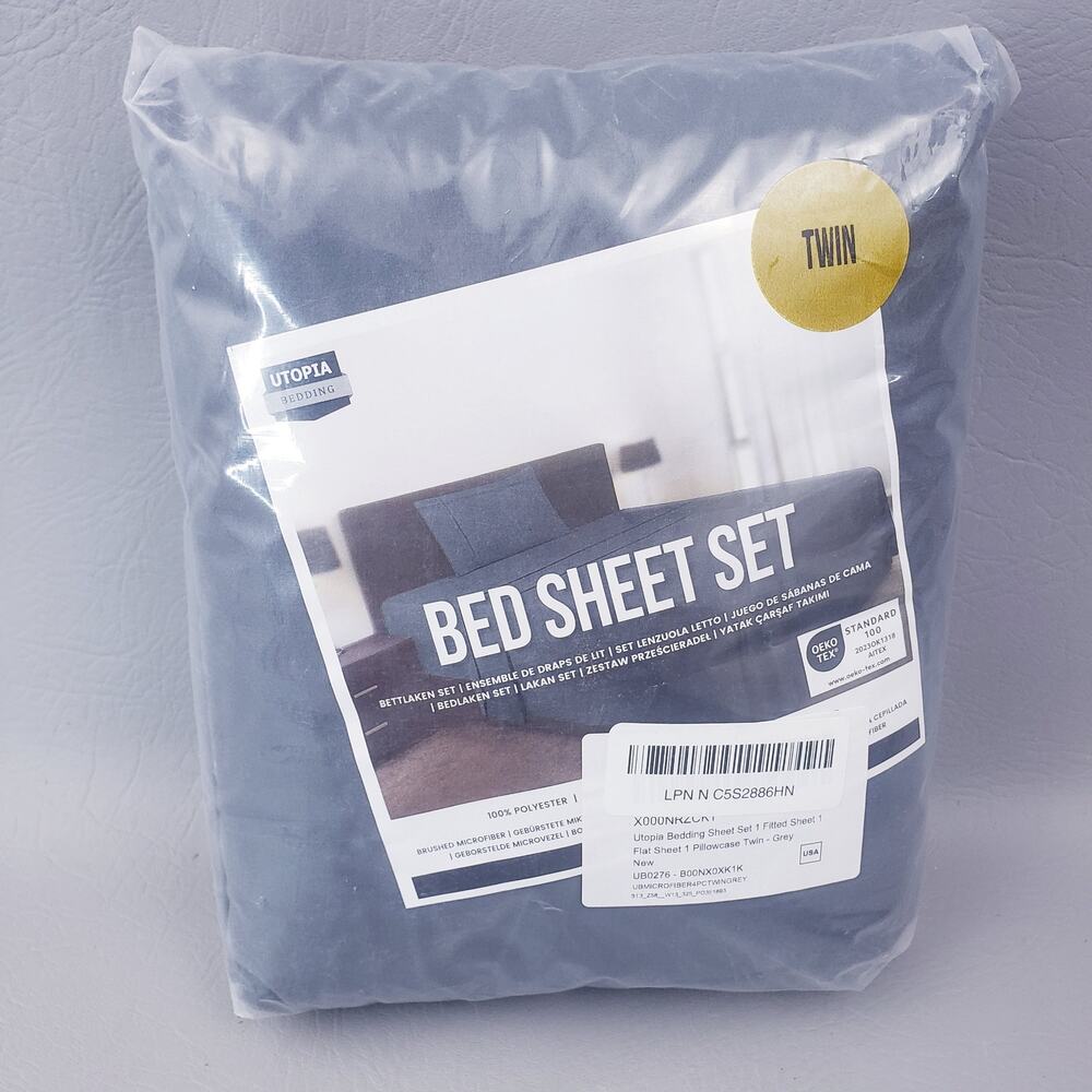 Utopia Twin 3pc Sheet Set 100% Polyester Microfiber Gray New Unopened